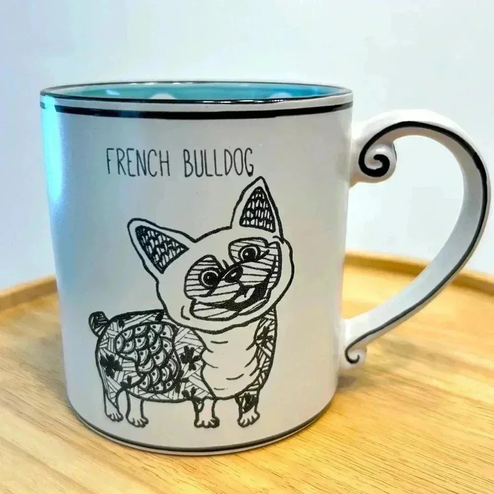 FRENCH BULLDOG xl Spectrum Brand Coffee Mug 21 OZ Aqua White Polka‎ Dots